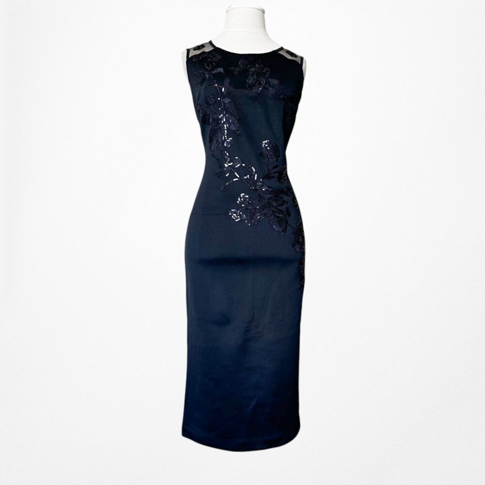 Vintage Y2K Tahari Navy Blue Bodycon Floral Mesh Sequin Cocktail Dress Size M - Picture 4 of 11